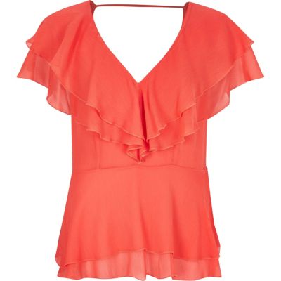 Coral frilly blouse